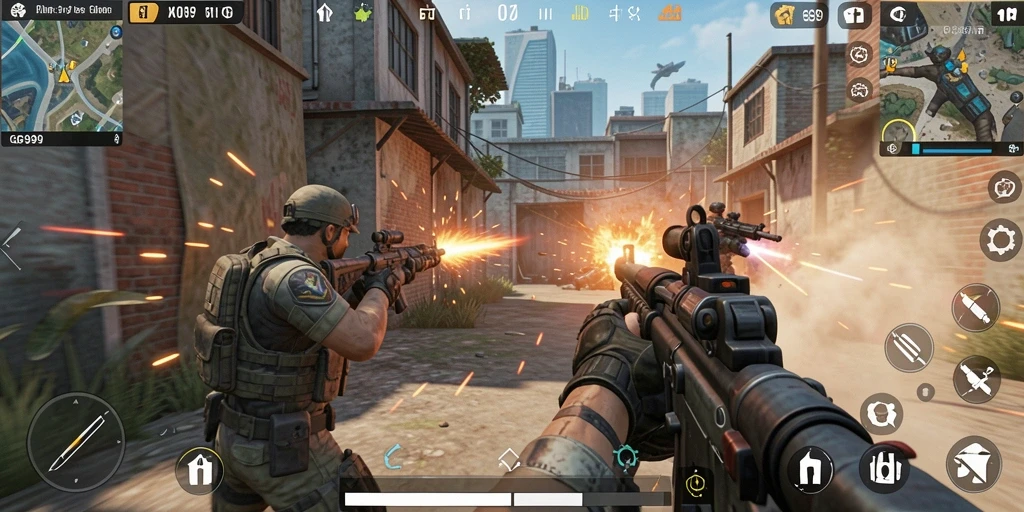 Tampilan gameplay seru dalam game FPS GG99 dengan aksi tembak menembak.
